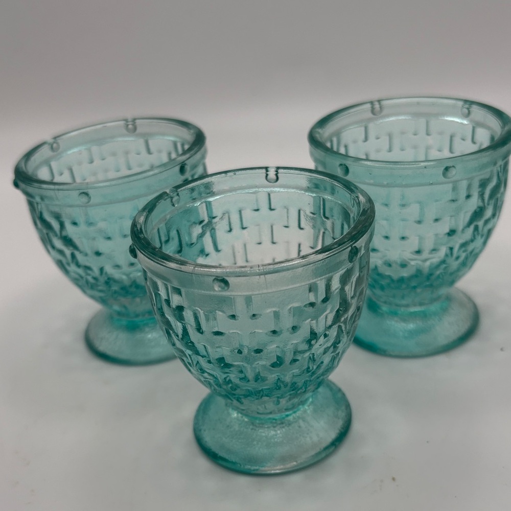 Set of Three Vintage Glass Greenish Blue Egg Cups Basket Weave Design
